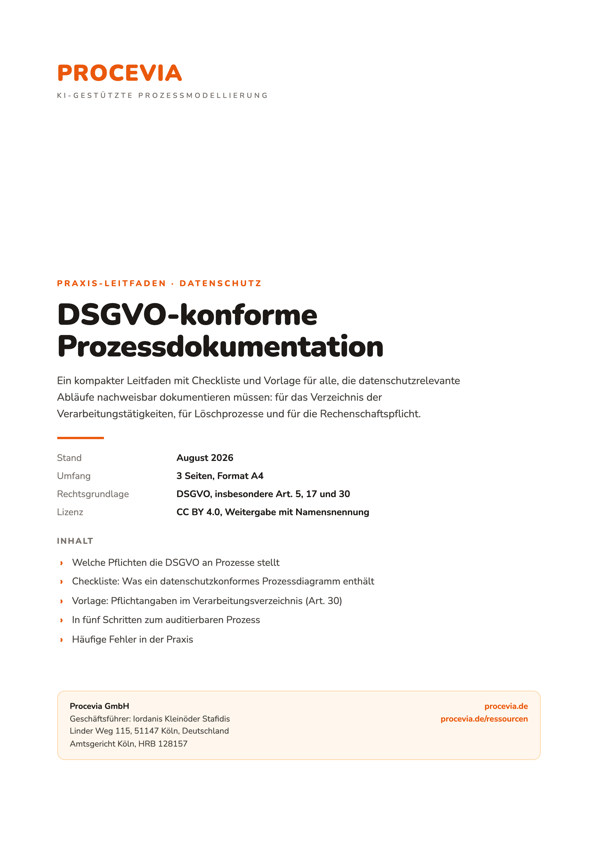 Deckblatt des Praxis-Leitfadens zur DSGVO-konformen Prozessdokumentation
